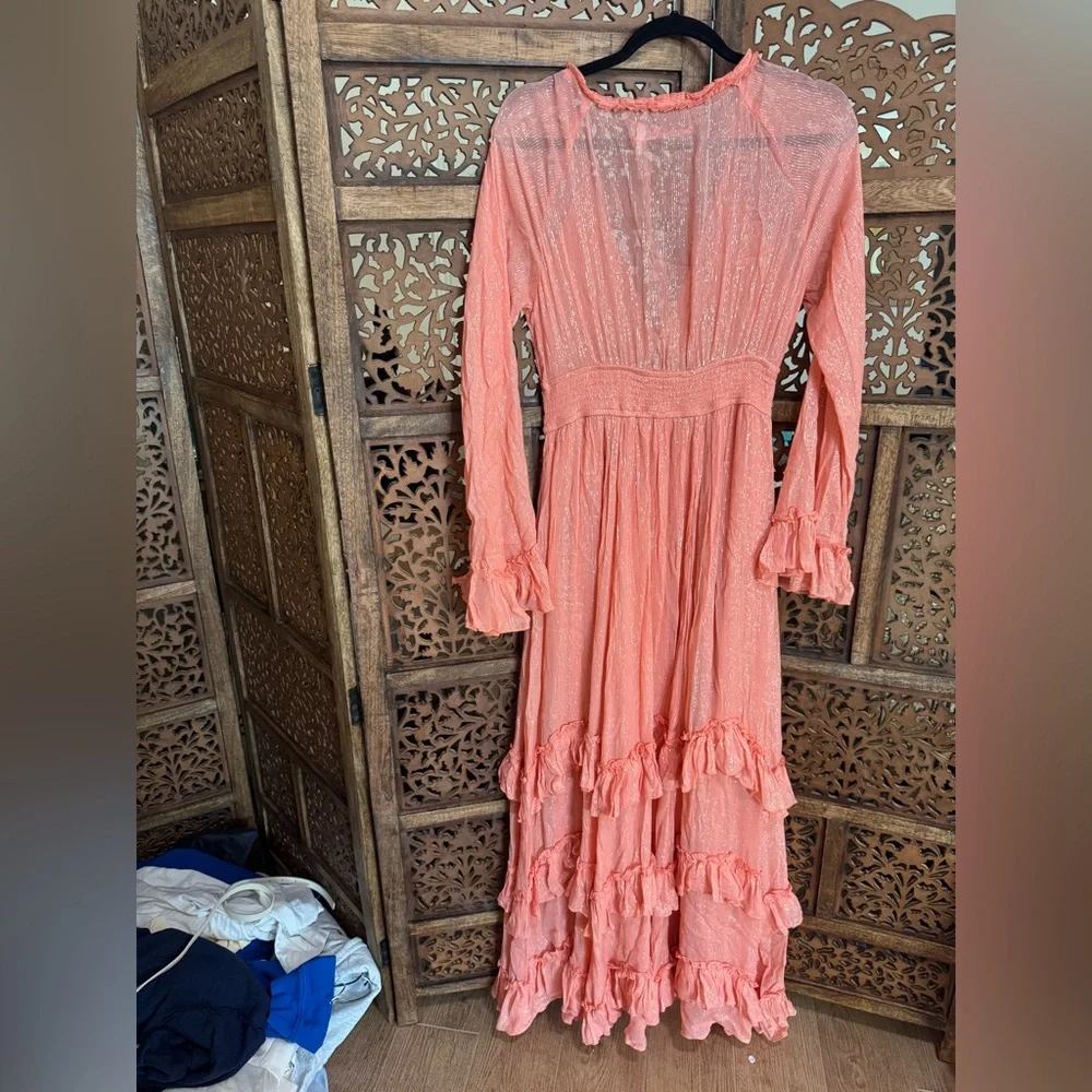 Free People Coral Pink Maxi Dress with Ruffle Tiers - Picture 4 of 4